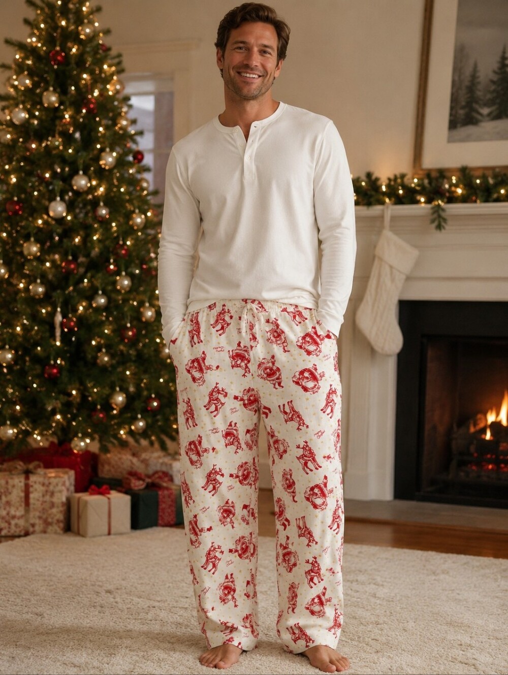 Old Navy Men's Christmas Santa & Reindeer Pajama Bottoms Pants Drawstring Large
